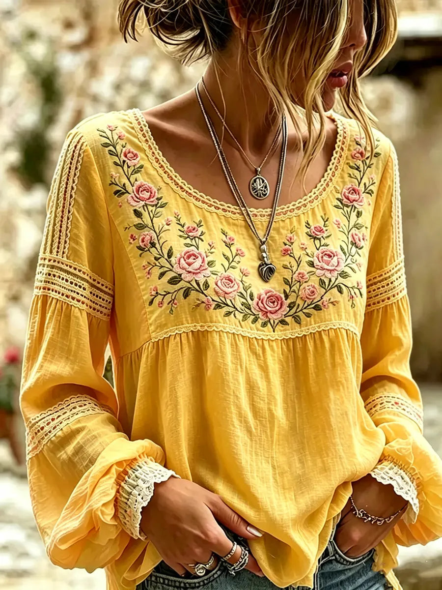 Women's Embroidered Linen Blouse Long Sleeve Everyday Top