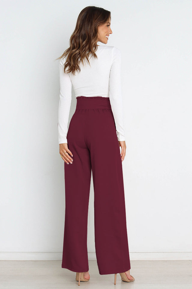 Women's High-Waist Wide Leg Knit Blend Trousers with Tie Belt