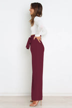 Women's High-Waist Wide Leg Knit Blend Trousers with Tie Belt