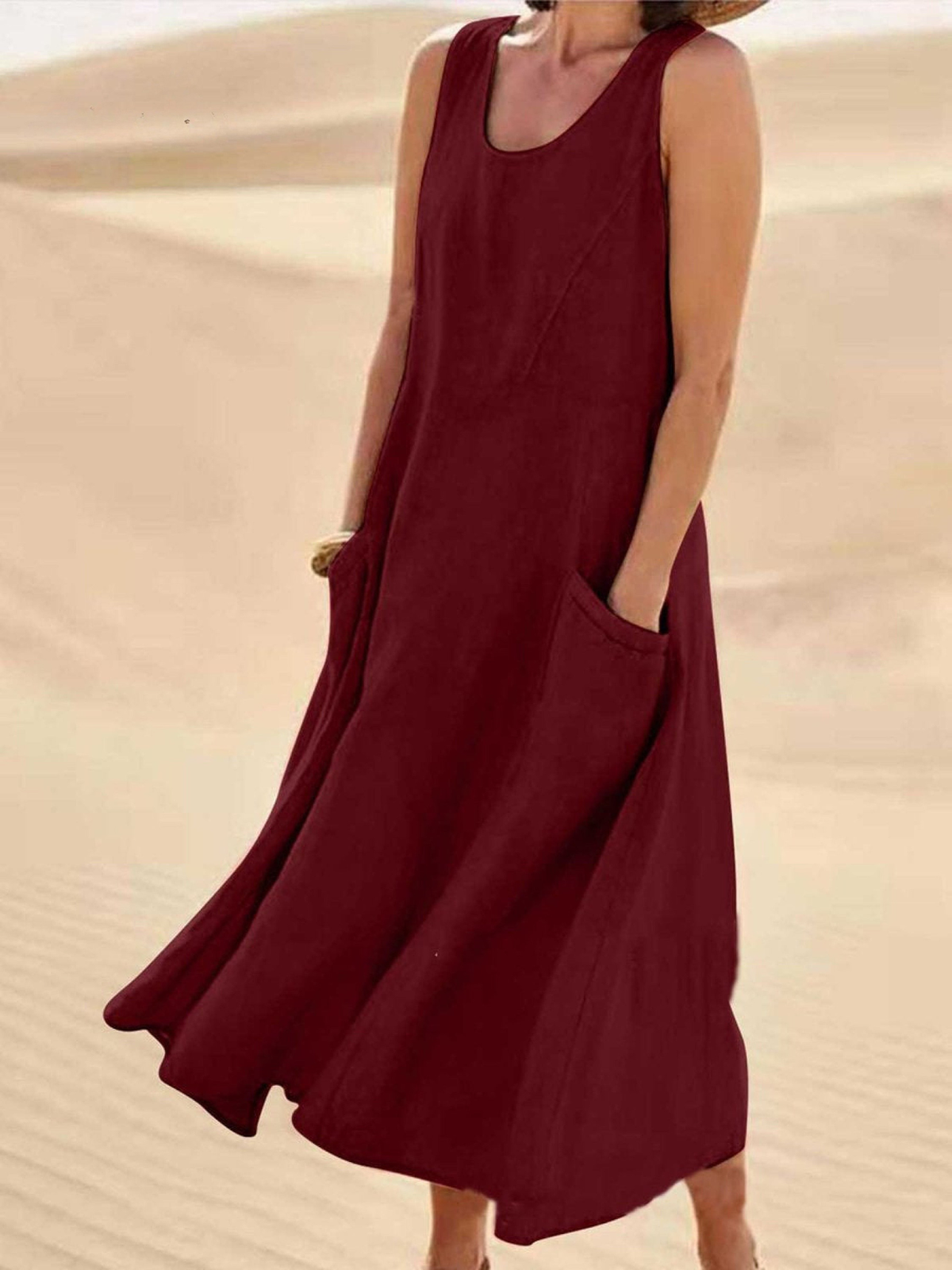Women's Linen Loose Fit Round Neck Sleeveless Long Maxi Dress