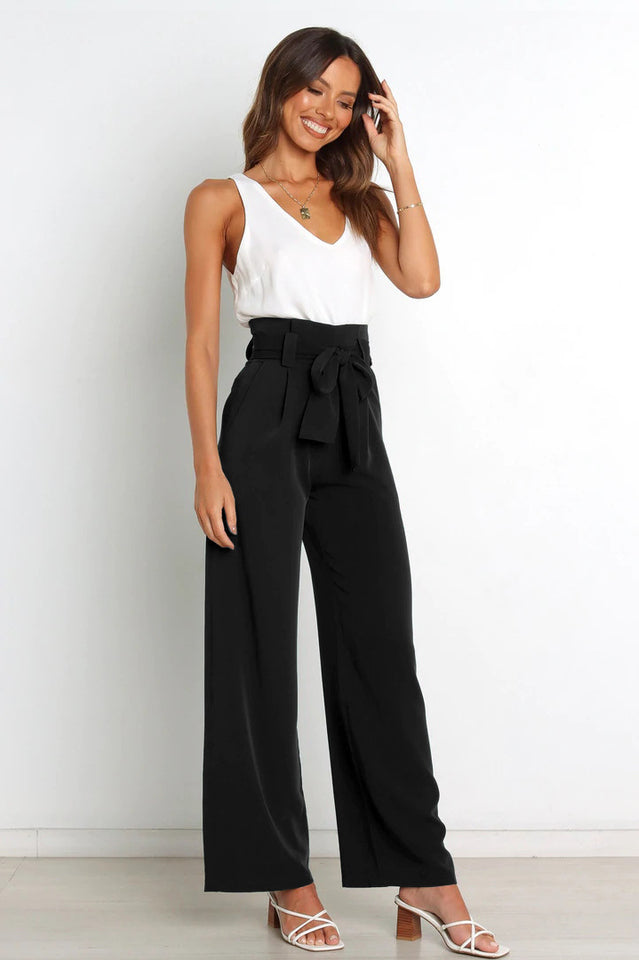 Women's High-Waist Wide Leg Knit Blend Trousers with Tie Belt