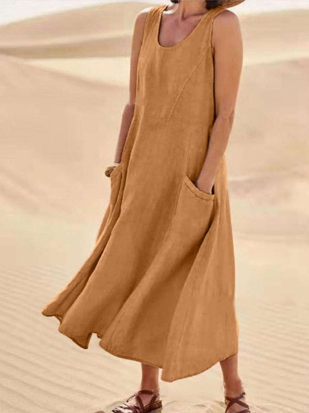 Women's Linen Loose Fit Round Neck Sleeveless Long Maxi Dress