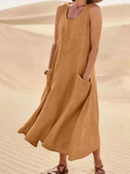 Women's Linen Loose Fit Round Neck Sleeveless Long Maxi Dress