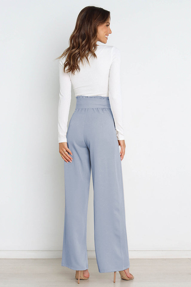 Women's High-Waist Wide Leg Knit Blend Trousers with Tie Belt