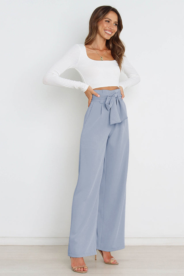 Women's High-Waist Wide Leg Knit Blend Trousers with Tie Belt