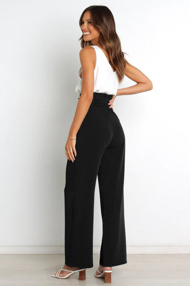 Women's High-Waist Wide Leg Knit Blend Trousers with Tie Belt