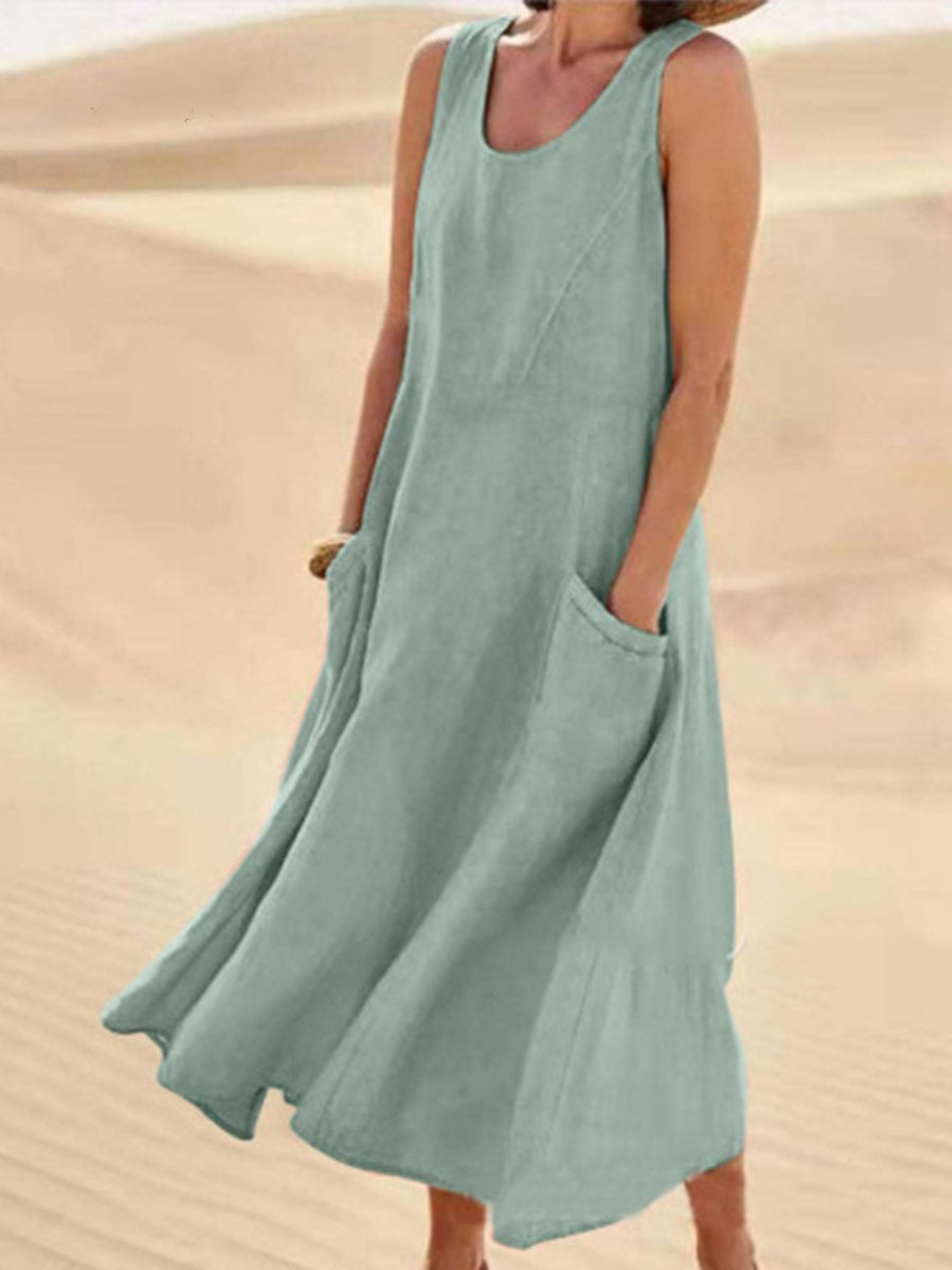 Women's Linen Loose Fit Round Neck Sleeveless Long Maxi Dress