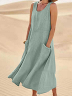 Women's Linen Loose Fit Round Neck Sleeveless Long Maxi Dress