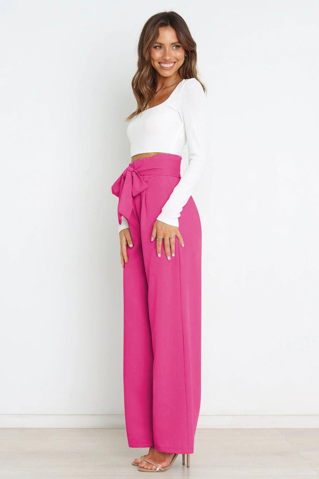Women's High-Waist Wide Leg Knit Blend Trousers with Tie Belt