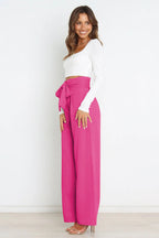 Women's High-Waist Wide Leg Knit Blend Trousers with Tie Belt