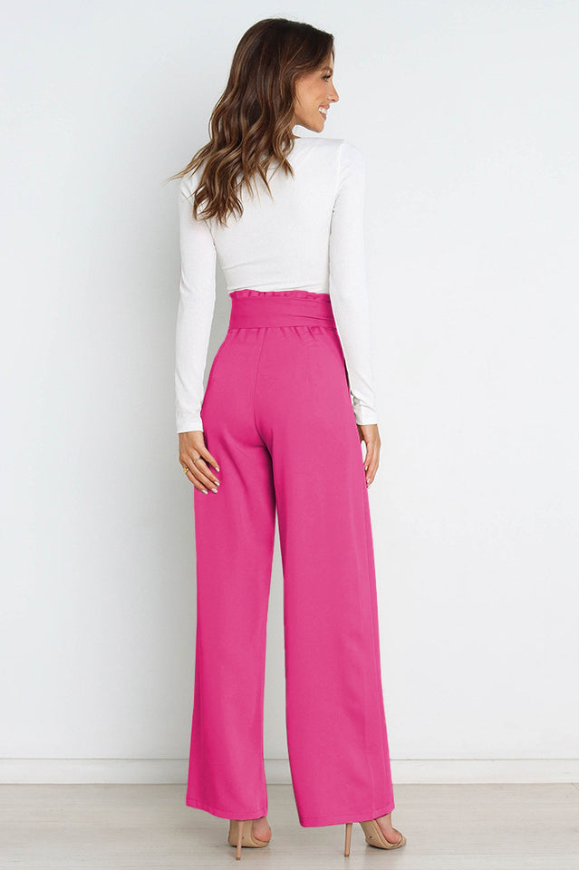 Women's High-Waist Wide Leg Knit Blend Trousers with Tie Belt