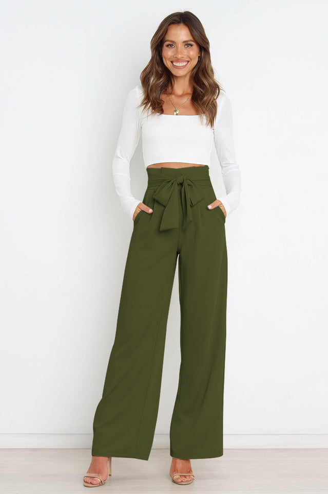 Women's High-Waist Wide Leg Knit Blend Trousers with Tie Belt
