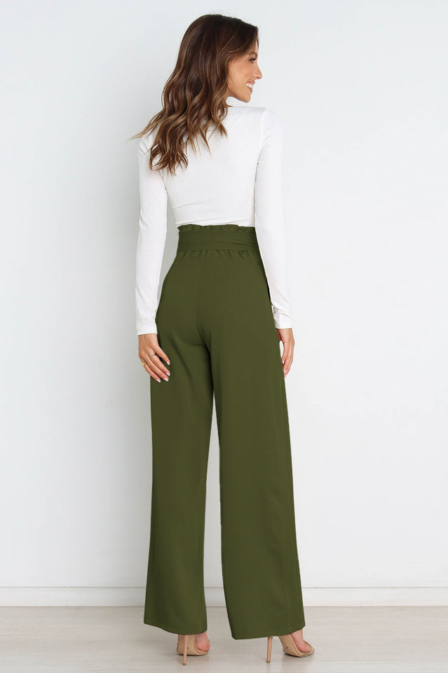Women's High-Waist Wide Leg Knit Blend Trousers with Tie Belt