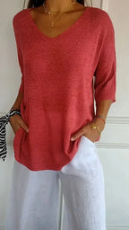 'Mia™ - Cozy Top with Knitted V-Neck — Soft Knit