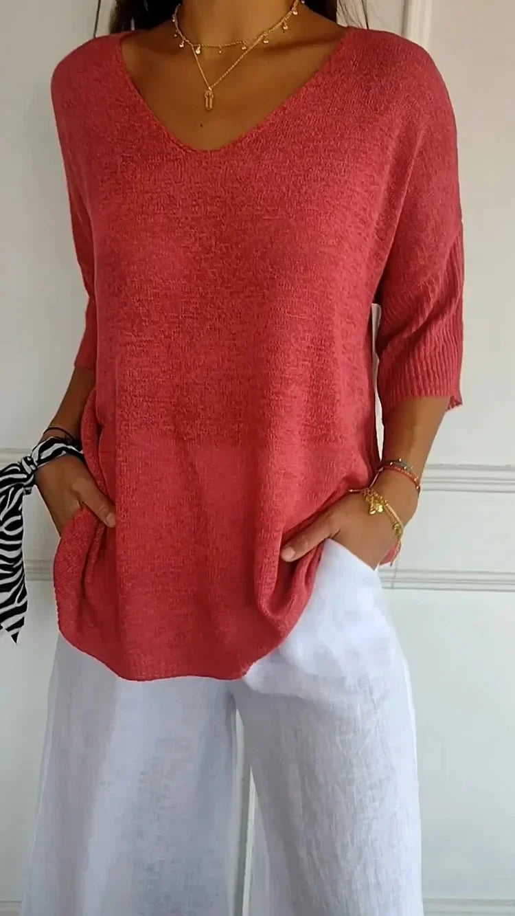 'Mia™ - Cozy Top with Knitted V-Neck — Soft Knit