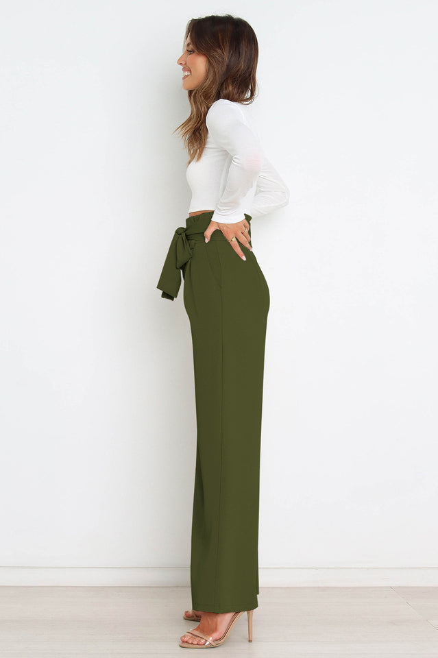 Women's High-Waist Wide Leg Knit Blend Trousers with Tie Belt