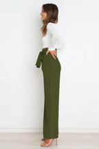 Women's High-Waist Wide Leg Knit Blend Trousers with Tie Belt