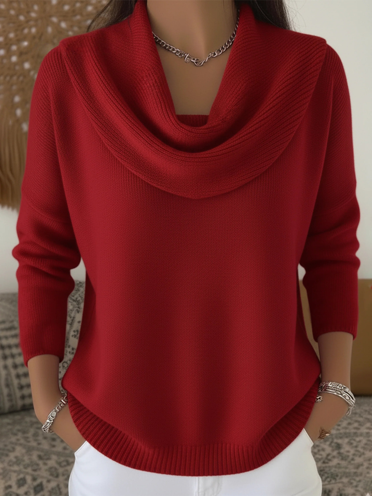 Women's Cowl Neck Knit Sweater Long Sleeve Merino Wool Jumper Pullover Tops