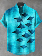 Men's Linen Shirt Manta Ray Pattern Short Sleeve Button Down