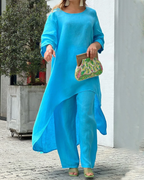 Women's Linen Two Piece Set High Low Tunic and Trousers Co-ord