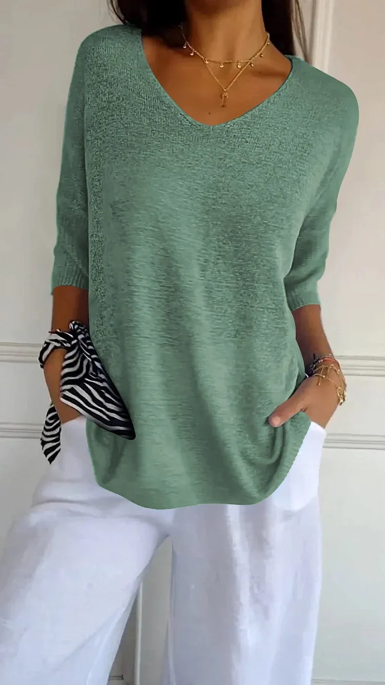 'Mia™ - Cozy Top with Knitted V-Neck — Soft Knit