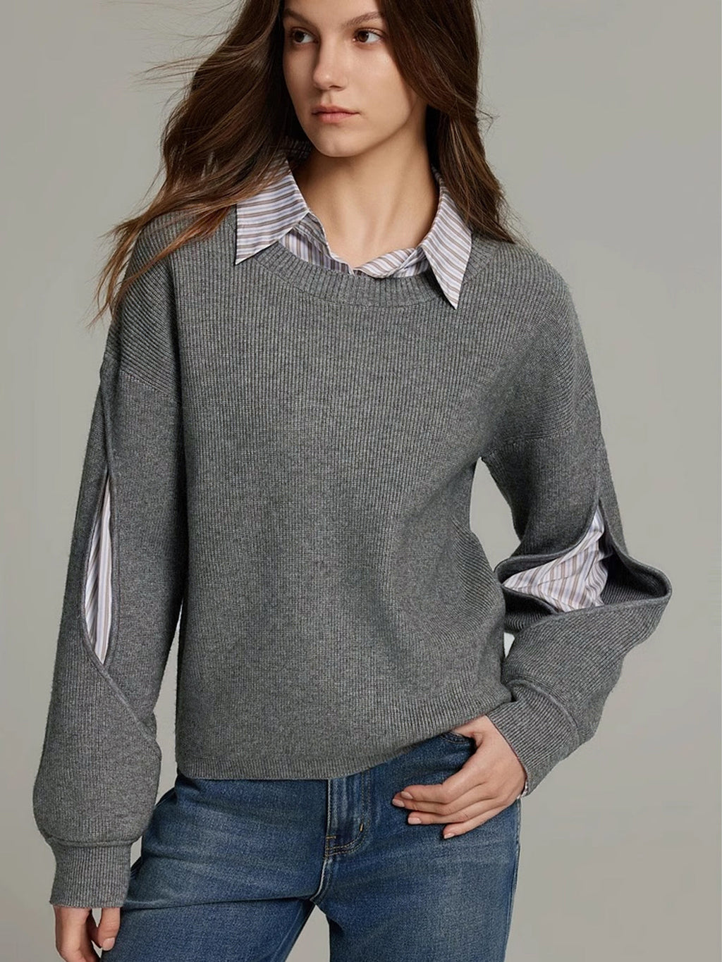 Women Knit Jumper Crew Neck Pullover Sweater Layered Long Sleeve Top