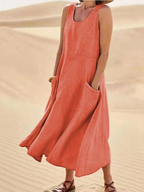Women's Linen Loose Fit Round Neck Sleeveless Long Maxi Dress