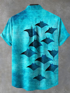 Men's Linen Shirt Manta Ray Pattern Short Sleeve Button Down