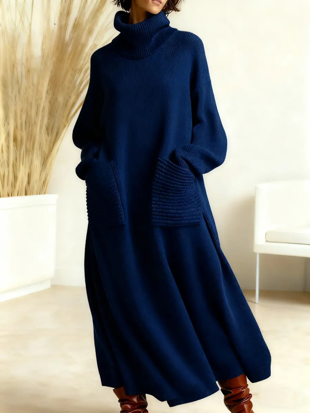 Women's Wool Loose Fit High Neck Knit Long Sleeve Maxi Dress