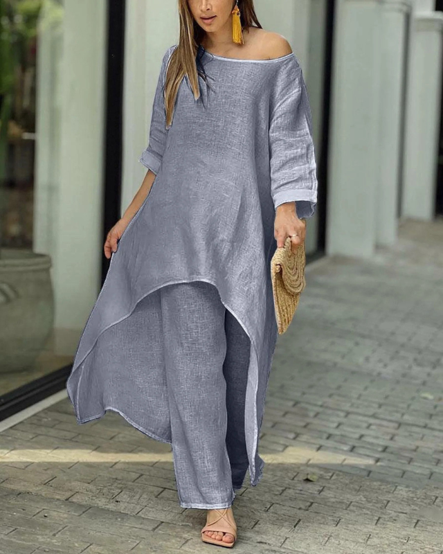 Women's Linen Two Piece Set High Low Tunic and Trousers Co-ord