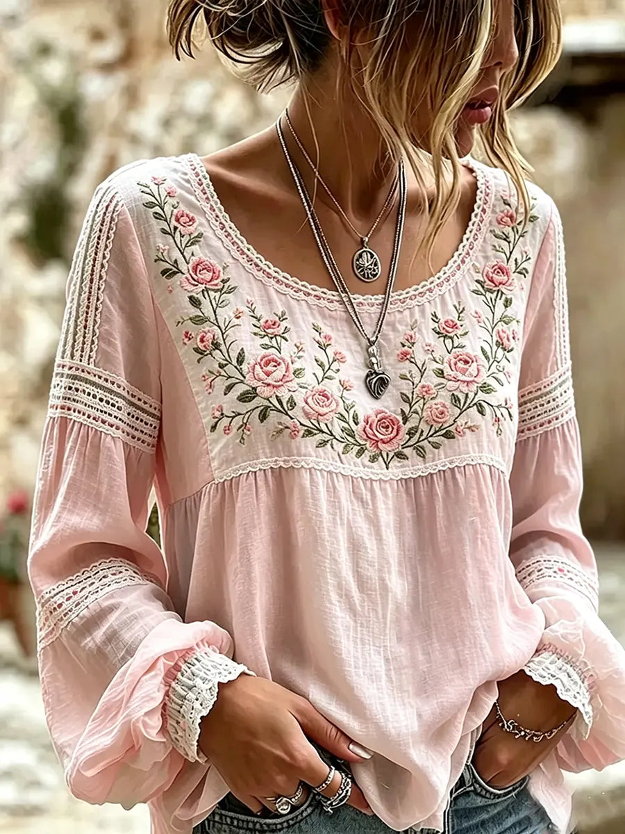 Women's Embroidered Linen Blouse Long Sleeve Everyday Top