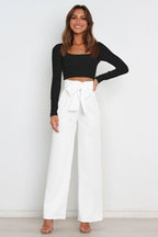 Women's High-Waist Wide Leg Knit Blend Trousers with Tie Belt