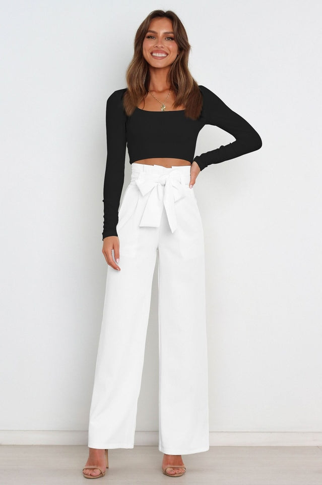 Women's High-Waist Wide Leg Knit Blend Trousers with Tie Belt