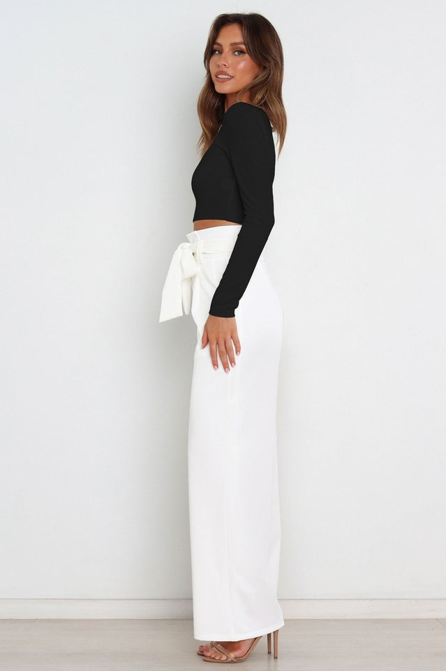 Women's High-Waist Wide Leg Knit Blend Trousers with Tie Belt