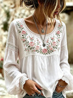 Women's Embroidered Linen Blouse Long Sleeve Everyday Top