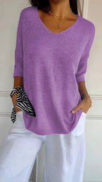 'Mia™ - Cozy Top with Knitted V-Neck — Soft Knit