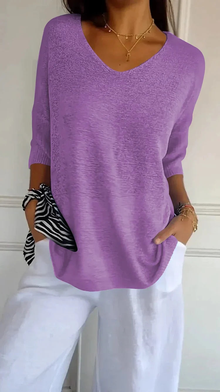 'Mia™ - Cozy Top with Knitted V-Neck — Soft Knit