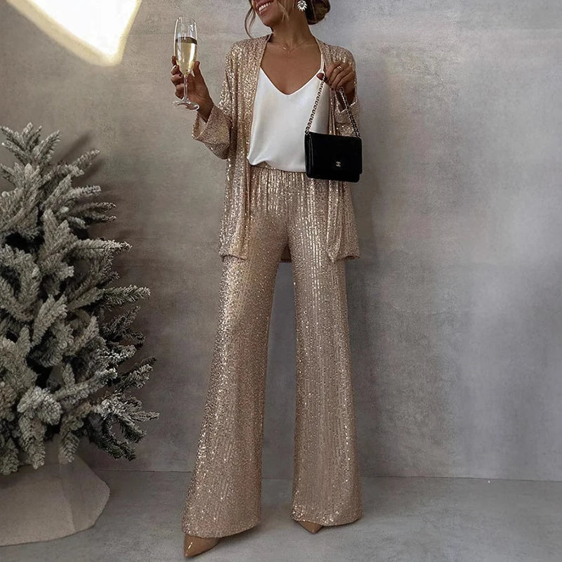 Amelia Hughes | Sequin Two-Piece Set With High-Waisted Pants For Women