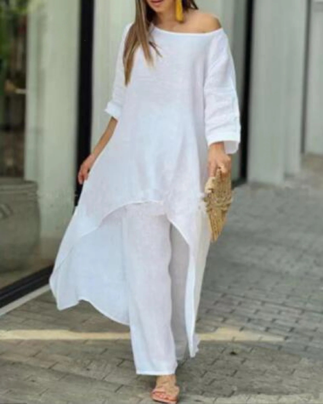 Women's Linen Two Piece Set High Low Tunic and Trousers Co-ord
