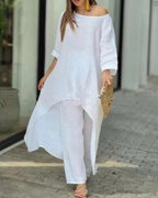 Women's Linen Two Piece Set High Low Tunic and Trousers Co-ord