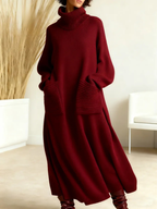 Women's Wool Loose Fit High Neck Knit Long Sleeve Maxi Dress