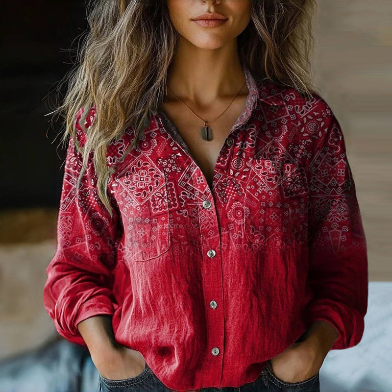Women's Blouse Cotton Heritage Print Summer Long Sleeve Shirt