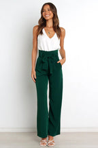 Women's High-Waist Wide Leg Knit Blend Trousers with Tie Belt