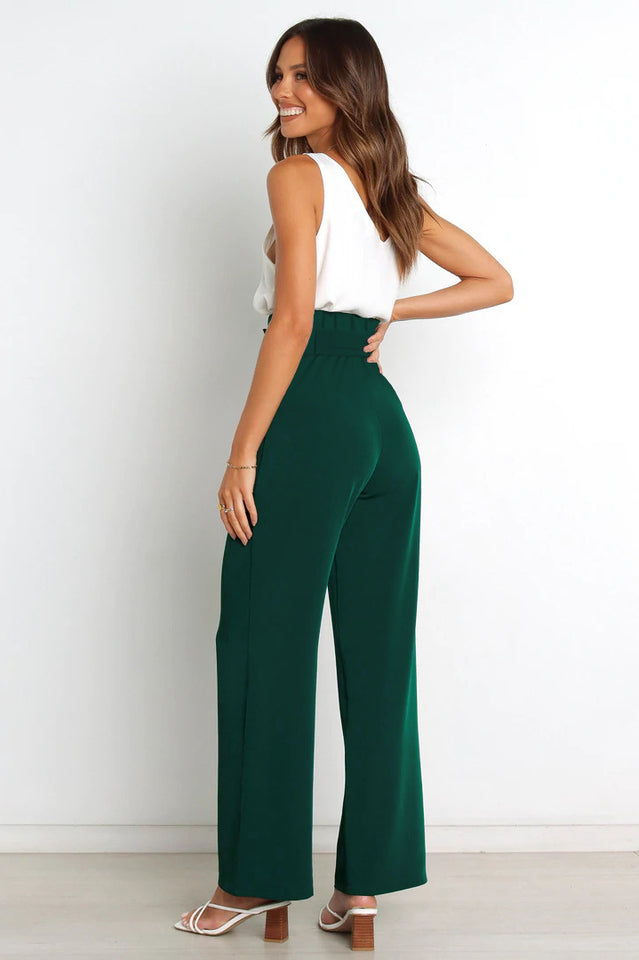 Women's High-Waist Wide Leg Knit Blend Trousers with Tie Belt