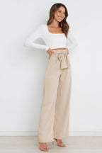 Women's High-Waist Wide Leg Knit Blend Trousers with Tie Belt
