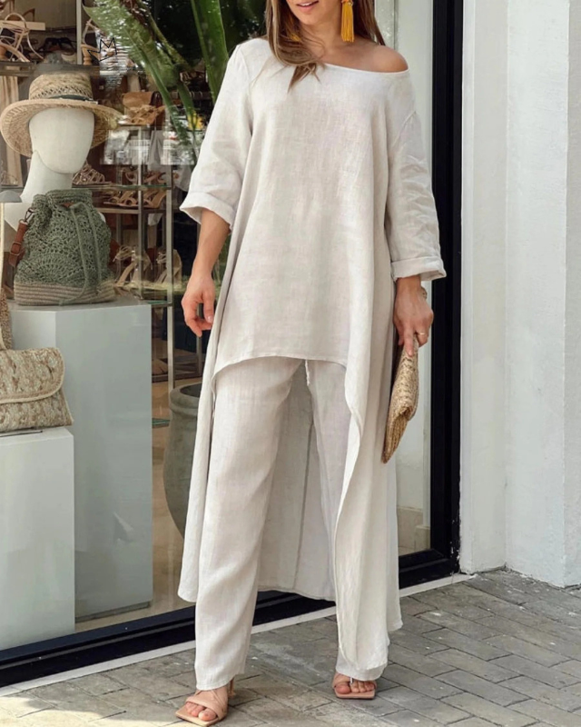 Women's Linen Two Piece Set High Low Tunic and Trousers Co-ord