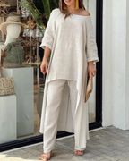 Women's Linen Two Piece Set High Low Tunic and Trousers Co-ord