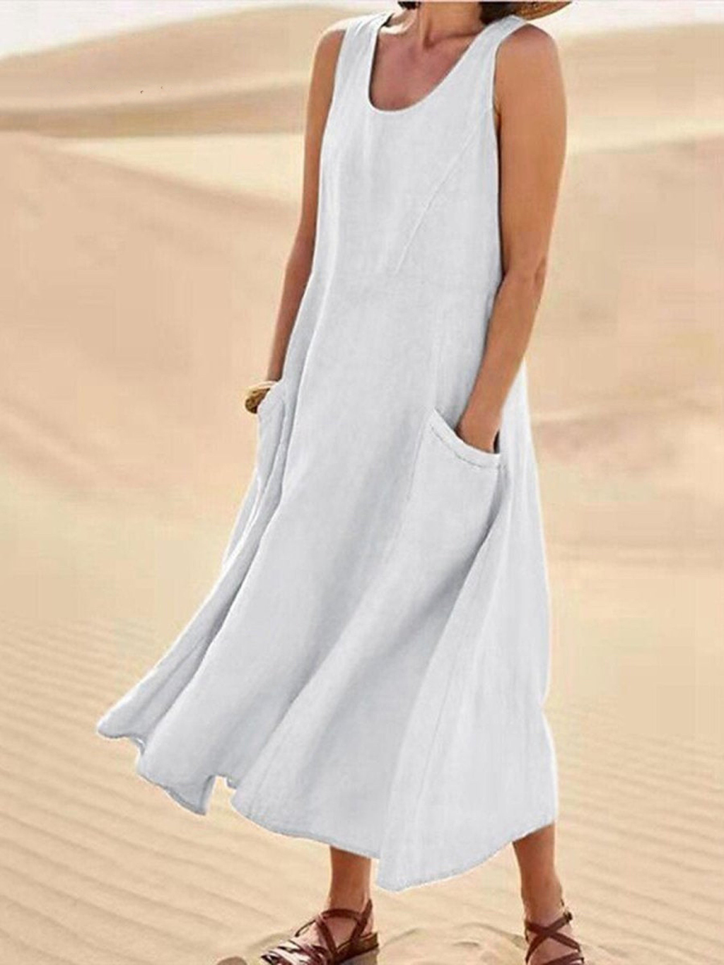 Women's Linen Loose Fit Round Neck Sleeveless Long Maxi Dress