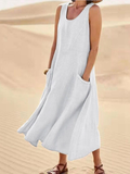 Women's Linen Loose Fit Round Neck Sleeveless Long Maxi Dress