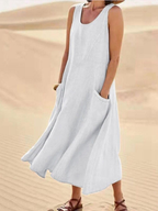 Women's Linen Loose Fit Round Neck Sleeveless Long Maxi Dress